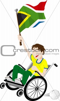 South Africa Sport Fan Supporter on Wheelchair with Flag