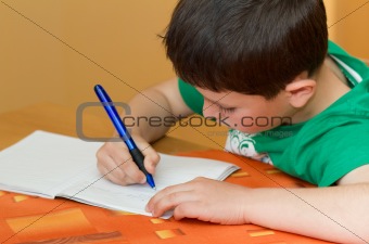 boy writting homework from school in workbook