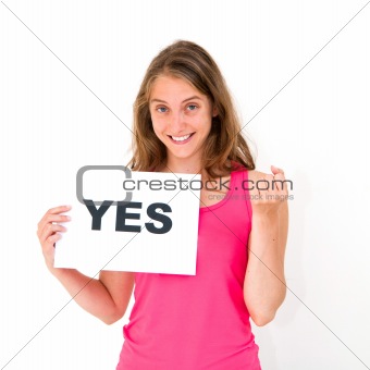 young woman with board yes