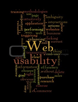 Web Usability word cloud isolated on black background.