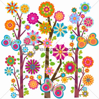 floral tree and butterflies