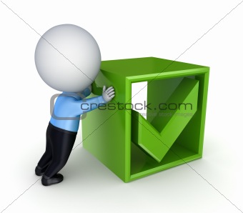 3d small person pushing a green tick mark.