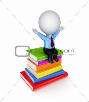 3d small person sitting on a stack of books.