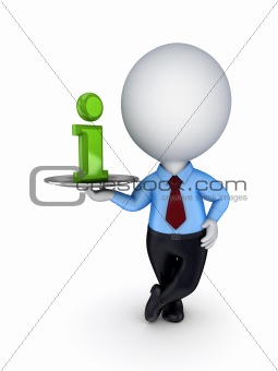 3d small person with an Info symbol on a dish.