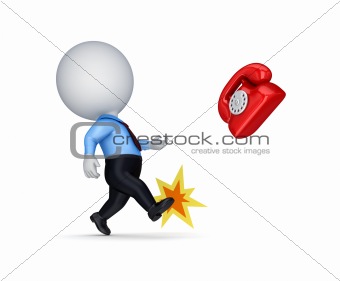 3d small person kicking a red vintage telephone.