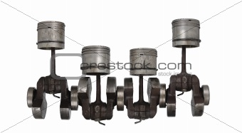 four old piston and connecting rod on white background