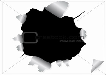 Paper sheet with black ragged hole