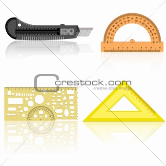 Stationery knife, ruler and protractor
