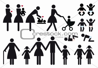 mother and children, vector icon set