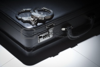Pair of Handcuffs and Briefcase Under Spot Light Abstract.