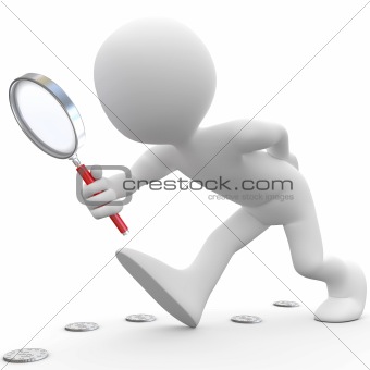 Man with magnifying glass looking for coins