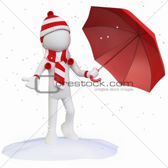 Seasons. Winter. Man in the snow with an umbrella hat scarf and gloves