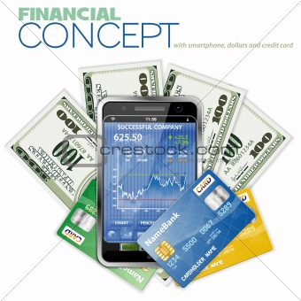 Financial Concept with Touchphone, Dollar Bills and Credit Cards