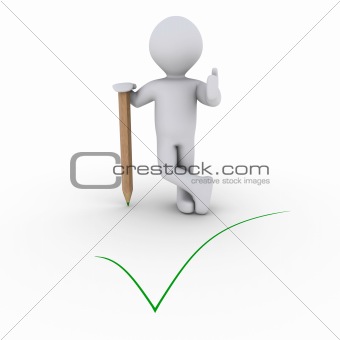 Person leaning on pencil and a green check mark