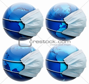 abstract allegory concept with earth and flu mask,  few globe po