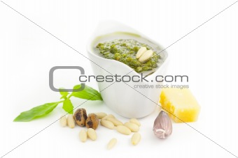Fresh Pesto and its ingredients / isolated on white