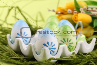 Colorful Easter eggs in an egg holder