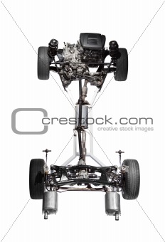 Car chassis with engine.