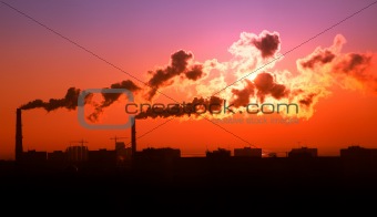 Exhaust smoke / Air pollution / Sunrise / Silhuette