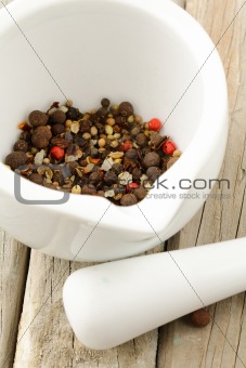 mortar and spices on a wooden table