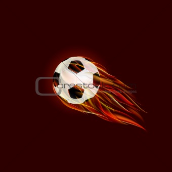 Flying Soccer Ball with Flame on Dark Red Background. Vector Illustration.