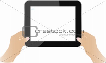 Hands holding touch screen tablet pc with blanc screen