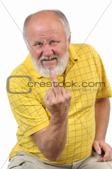 senior bald man shows middle finger