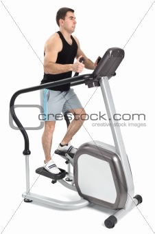 one man doing indoor biking exercise, on white background