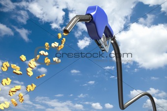 Dollar signs comming out of a blue fuel nozzle