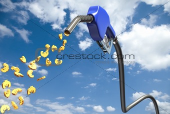 Euro signs dripping out of a blue fuel nozzle