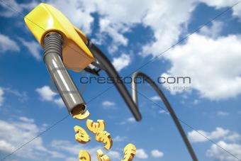 Euro signs dripping out of a yellow fuel nozzle