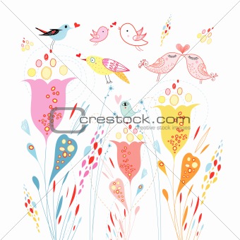 floral background with birds