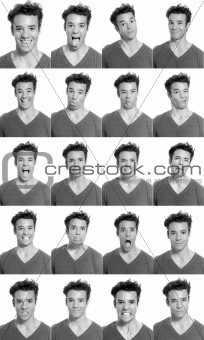 Young man face expressions composite black and white