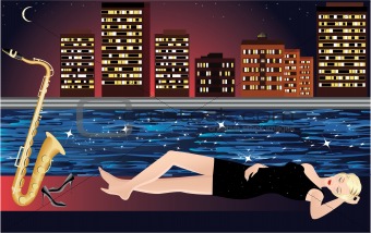 beautiful vector girl dreaming with saxophone with night city and river on the background