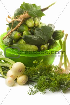 Fresh cucumbers and other vegetables