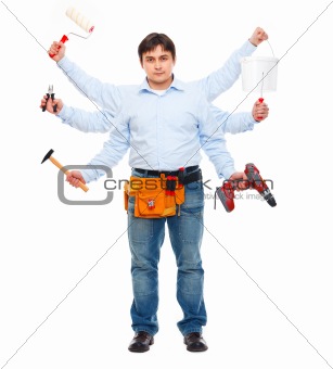 Construction worker with six hands. Do-all man concept