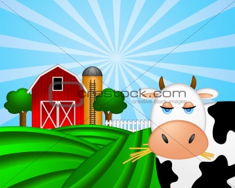 Cow on Green Pasture with Red Barn with Grain Silo 