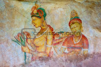 Antique asian fresco with naked woman