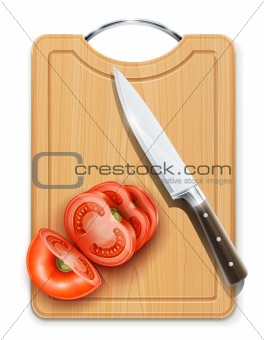 tomato cuted segment with knife on hardboard