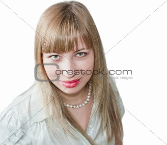 Portrait of young blonde woman in blouse and pearl necklace isolated on white