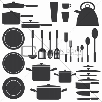 Kitchen utensils in white and black colours.