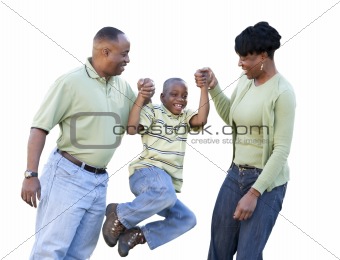 Playful African American Man, Woman and Child Isolated on a White Background.