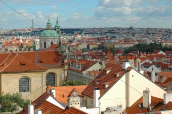 St. Nicholas Church and the red roofs in Prague