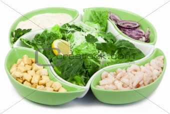 Caesar salad with shrimp on a white background