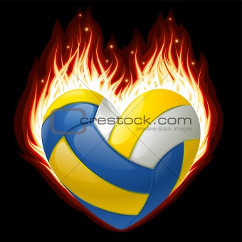 Vector volleyball on fire in the shape of heart