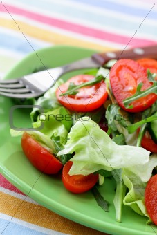 salad with lettuce and cucumber, arugula and cherry tomatoes