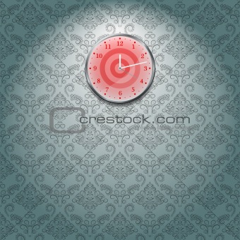 Grey Wallpaper and red Clock on Wall in Room. Vector Illustration