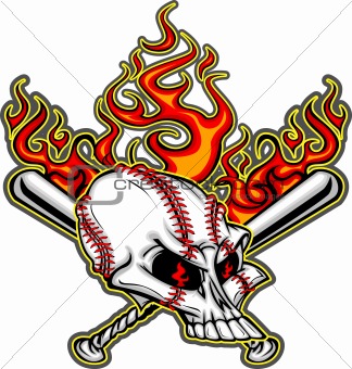 Softball Baseball Skull and Bats Flaming Cartoon Image


