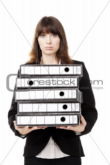 Tired business woman holding folders