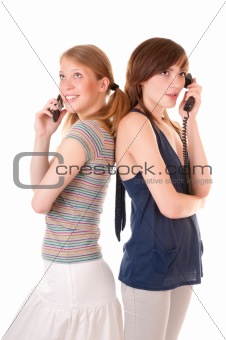 Two friends communicate by phones